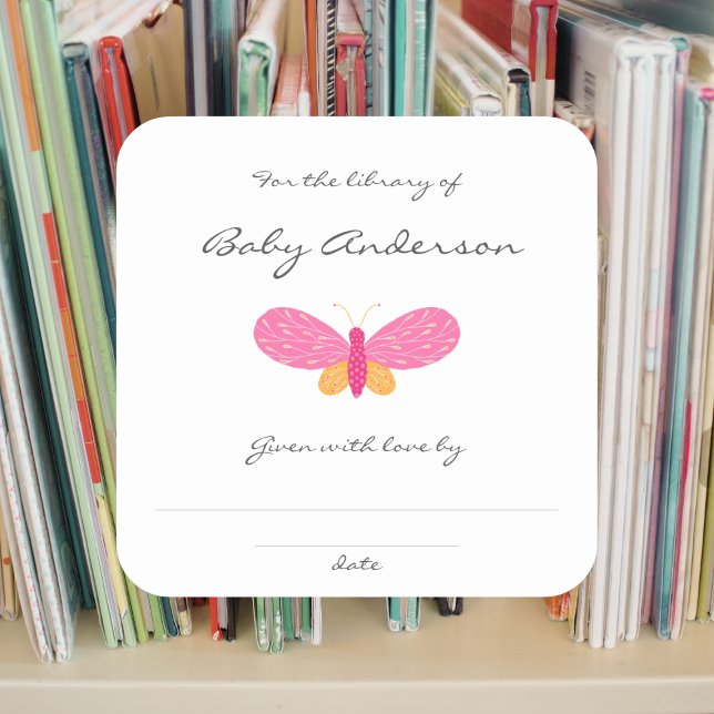 Pink Butterfly baby shower bookplate Square Sticker (Creator Uploaded)