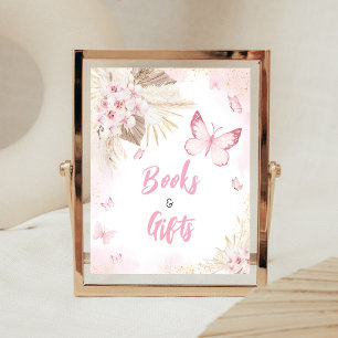 Pink Butterfly Baby Shower Books and Gifts Sign