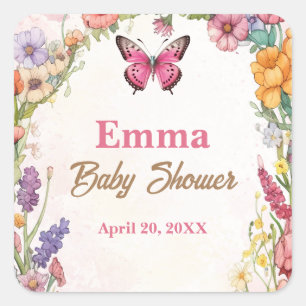 Pink Butterfly Baby Shower Floral Garden Square Sticker