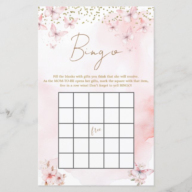 Pink Butterfly Baby Shower Girl Bingo Game (Front)
