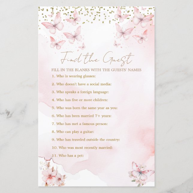 Pink Butterfly Baby Shower Girl Find The Guest (Front)