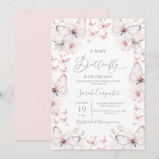 Pink Butterfly Baby Shower Girl Invitation (Front/Back)