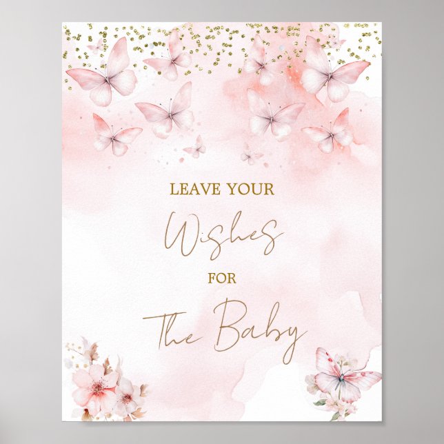 Pink Butterfly Baby Shower Girl Wishes for Baby Poster (Front)