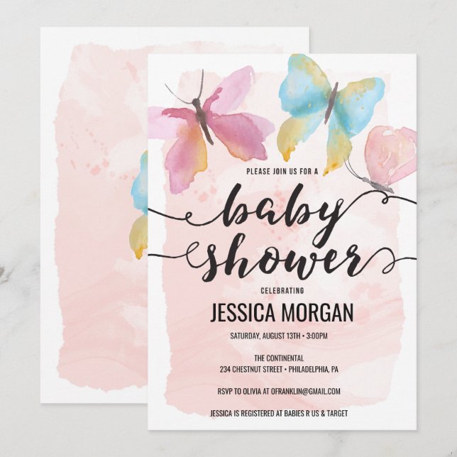 Pink Butterfly Baby Shower Invitation (Front/Back)