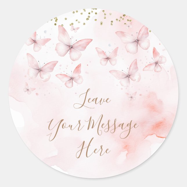  Pink Butterfly Baby Shower Love Your Message Here Classic Round Sticker (Front)