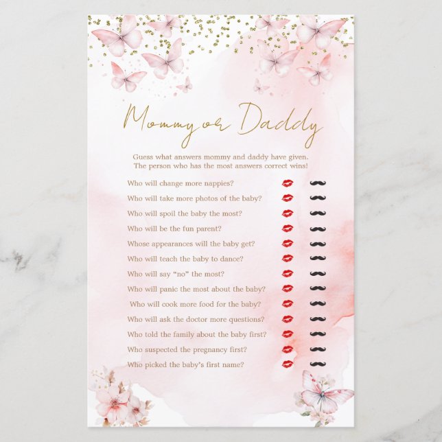 Pink Butterfly Baby Shower Mummy or Daddy Game (Front)
