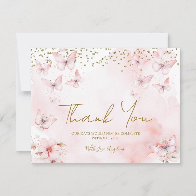 Pink Butterfly Baby Shower Thank You Card (Front)