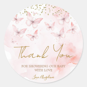 Pink Butterfly Baby Shower Thank You Classic Round Sticker