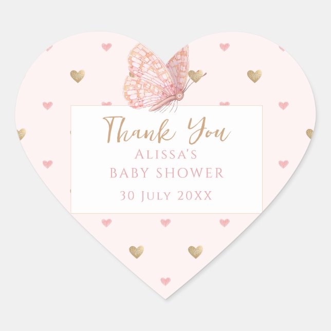 Pink Butterfly Baby Shower Thank You Heart Sticker (Front)
