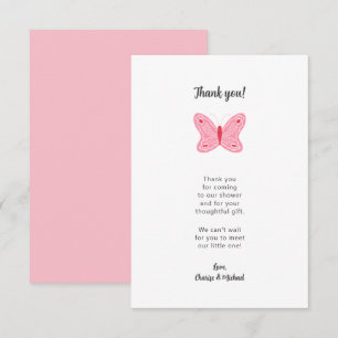 Pink Butterfly baby shower thank you note