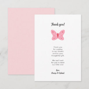 Pink Butterfly baby shower thank you note Card