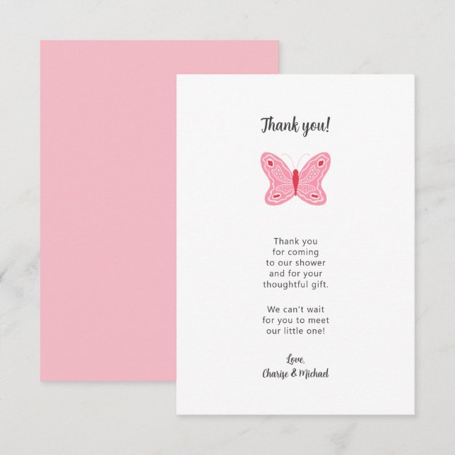 Pink Butterfly baby shower thank you note Card (Front/Back)