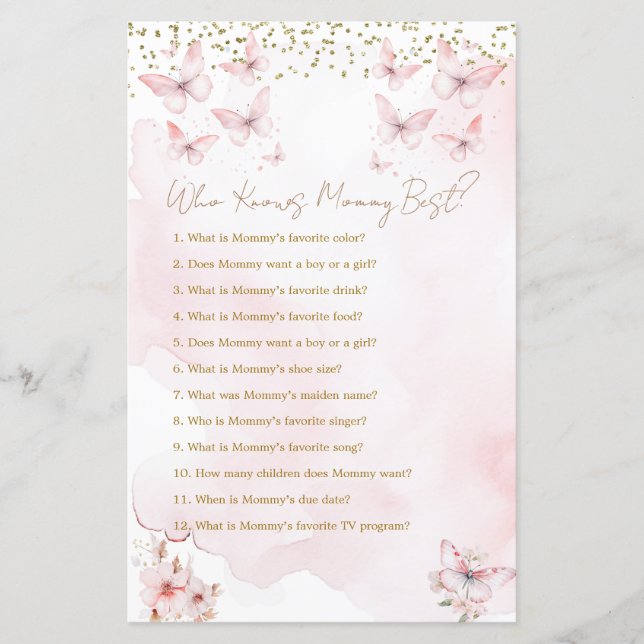 Pink Butterfly Baby Shower Who Knows Mummy Best (Front)