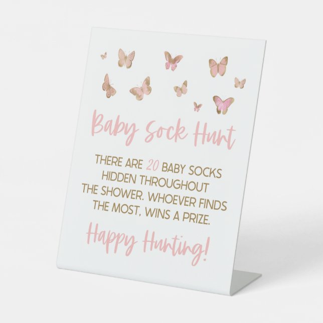 Pink Butterfly Baby Sock Hunt Baby Shower Game Pedestal Sign (Front)