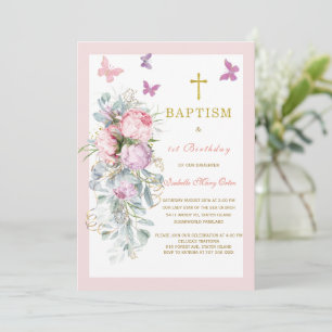Pink Butterfly Baptism First Birthday Invitation