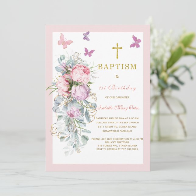 Pink Butterfly  Baptism First Birthday Invitation (Standing Front)