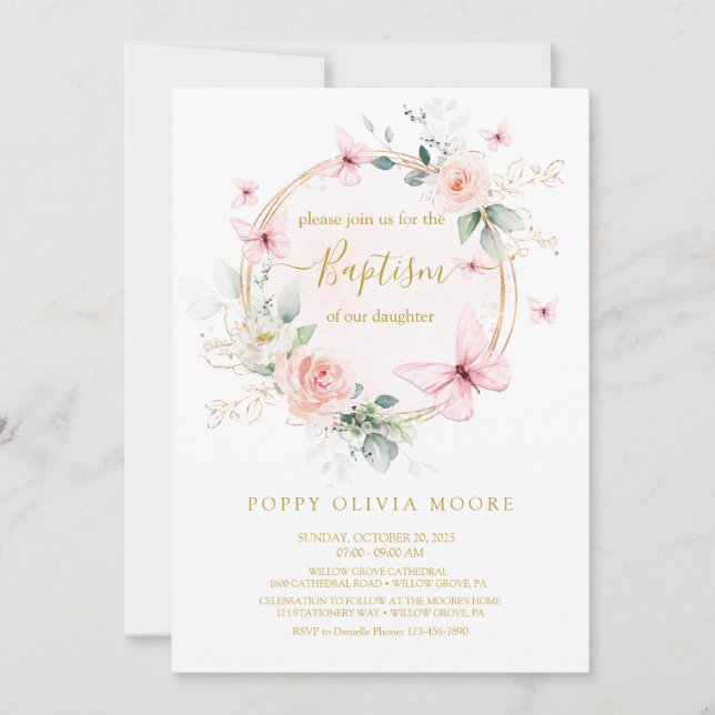 Pink Butterfly Baptism invitation (Front)