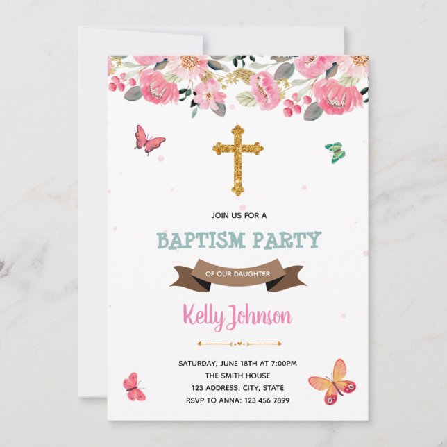 Pink butterfly baptism party Invitation (Front)