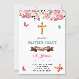 Pink butterfly baptism party Invitation