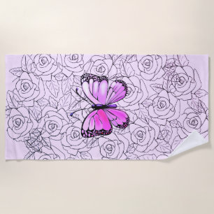 Pink Butterfly Beach Towel with Roses