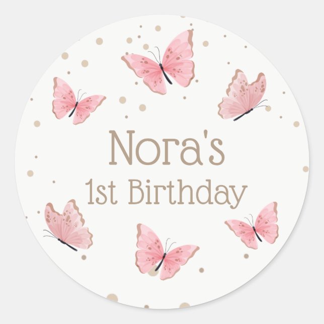 Pink Butterfly Birthday  Classic Round Sticker (Front)
