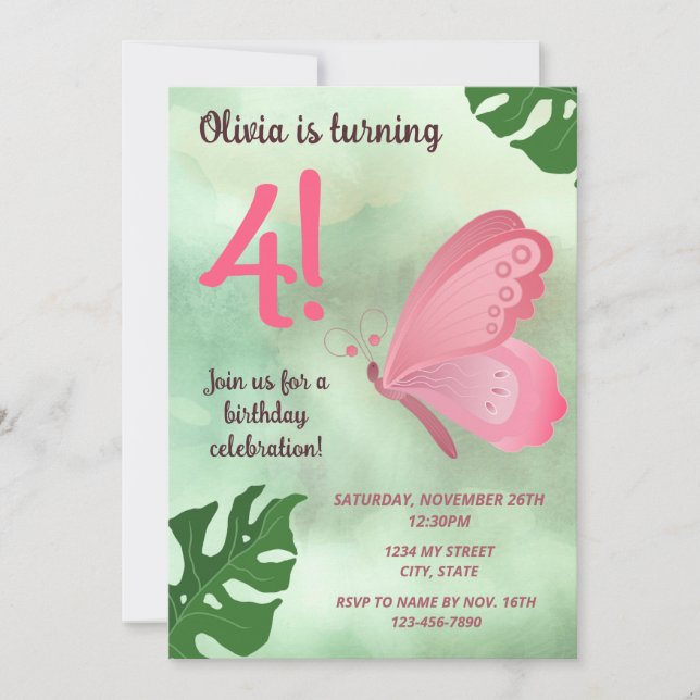 Pink Butterfly Birthday Invitation (Front)
