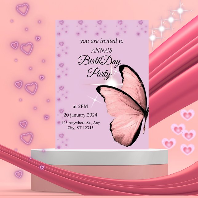  Pink Butterfly Birthday Invitation (Creator Uploaded)