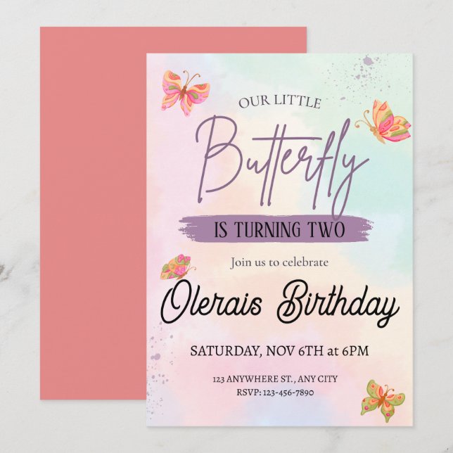 pink butterfly birthday  invitation (Front/Back)