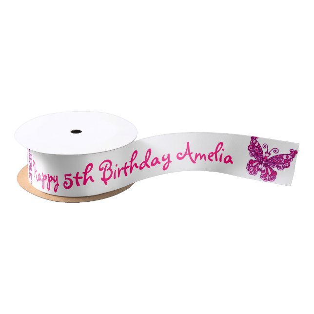 Pink butterfly birthday name ribbon satin ribbon (Spool)