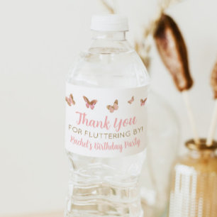 Pink Butterfly Birthday Party Favour Water Bottle Label