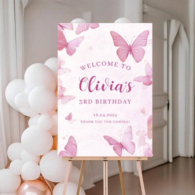 Pink Butterfly Birthday Party Welcome Poster (Creator Uploaded)