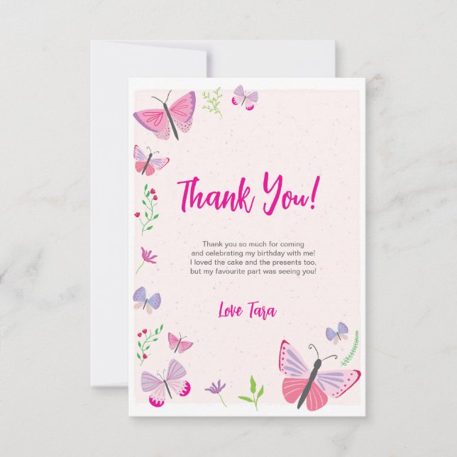 Pink Butterfly Birthday Thank You Card (Front)
