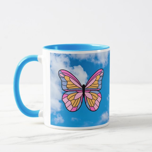 Pink butterfly blue handle mug (Left)