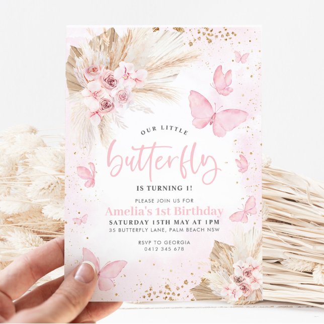 Pink Butterfly Boho Flowers 1st Birthday Floral  Invitation (Creator Uploaded)