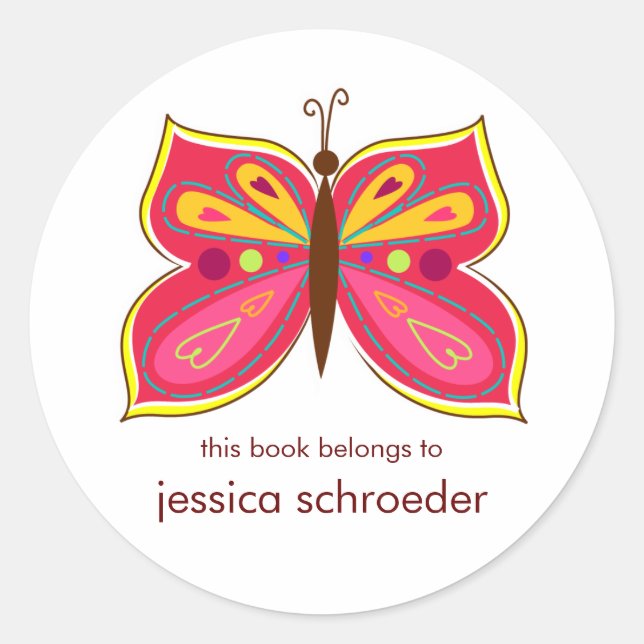 Pink Butterfly Book Plates Classic Round Sticker (Front)