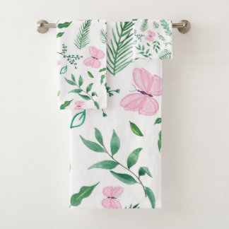 Pink Butterfly Botanical Greenery Watercolor Bath Towel Set