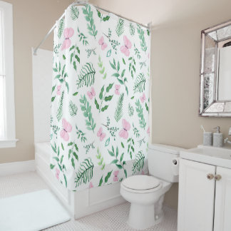 Pink Butterfly Botanical Greenery Watercolor Shower Curtain