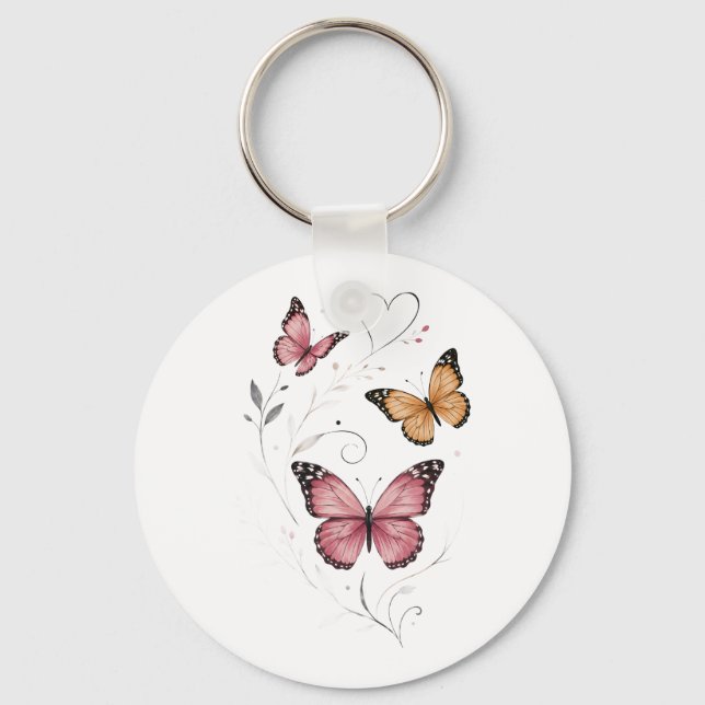 Pink Butterfly Botanical Watercolor Key Ring (Front)