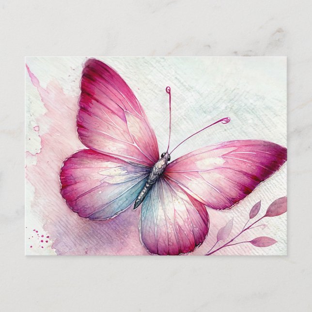 Pink Butterfly Botanical Watercolor Postcard (Front)