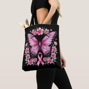 Pink Butterfly Breast Cancer Awareness Ribbon Tote Bag