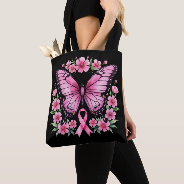 Pink Butterfly Breast Cancer Awareness Ribbon Tote Bag (Close Up)