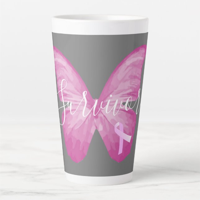 Pink Butterfly Breast Cancer Survivor Latte Mug (Front)
