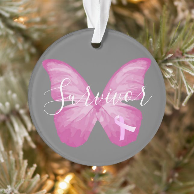 Pink Butterfly Breast Cancer Survivor Ornament (Tree)