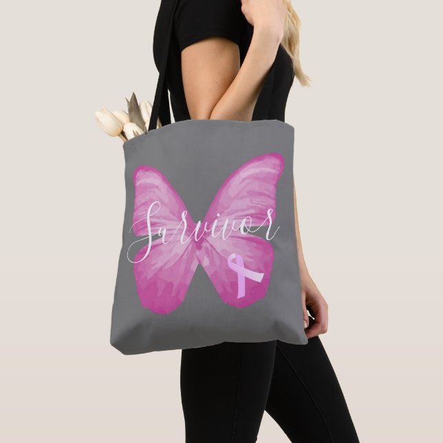 Pink Butterfly Breast Cancer Survivor Tote Bag (Close Up)