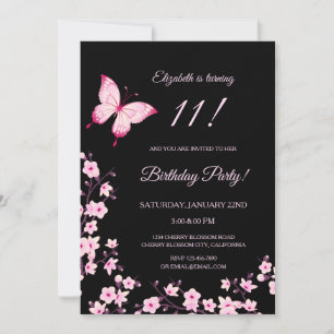 Pink Butterfly Cherry Blossom Black  Invitation