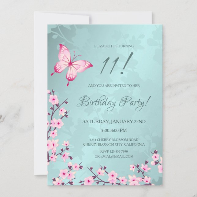 Pink Butterfly Cherry Blossom Turquoise Invitation (Front)