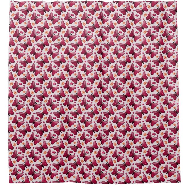 Pink Butterfly Cherry Seamless Pattern Shower Curtain (Front)