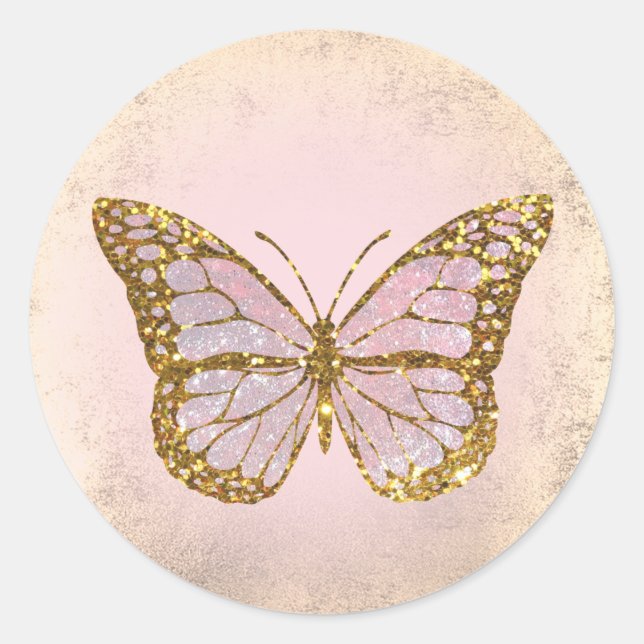 pink butterfly classic round sticker (Front)