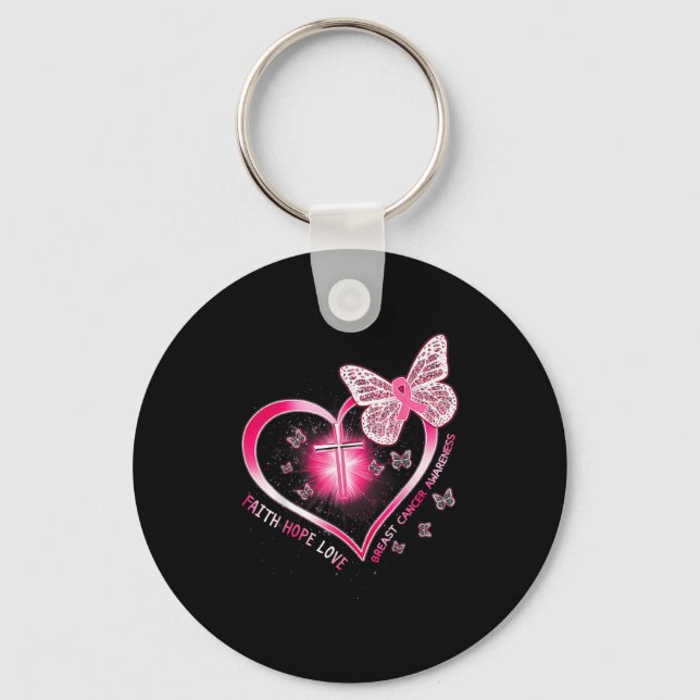 Pink Butterfly Cross Faith Hope Love Breast Cancer Key Ring (Front)