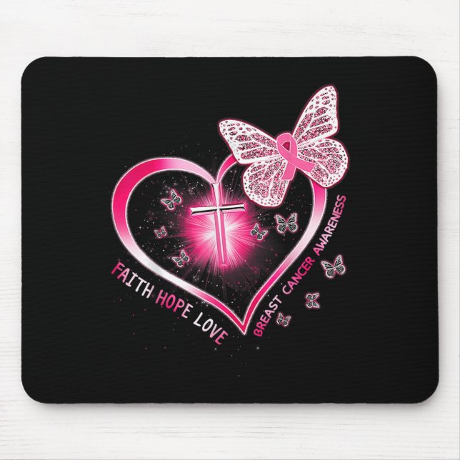 Pink Butterfly Cross Faith Hope Love Breast Cancer Mouse Mat (Front)